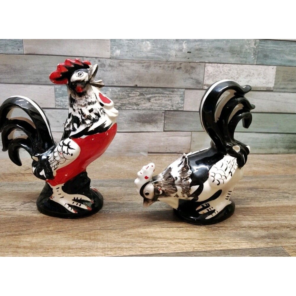 VTG Set Black White Red Hand Painted Ceramic Rooster Chicken Art Pottery Japan